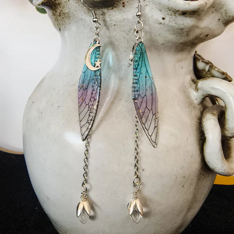 Crescent Moon Fairy Wings Crystal Quartz Dangle Earrings