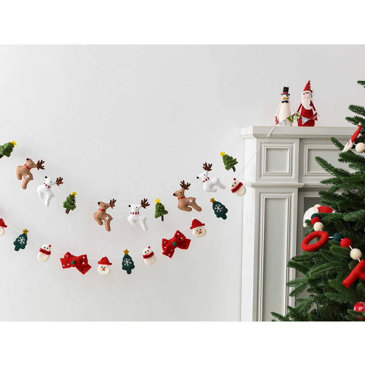 180cm Wool Felt Christmas Garland Handmade Snowman Reindeer Pom Pom Banner for Xmas Tree Wall Mantel Decor