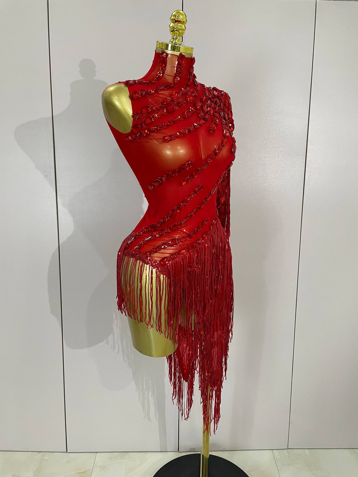 Sparkly Rhinestones Fringed Latin Dance Outfits Stage Performance Costume
