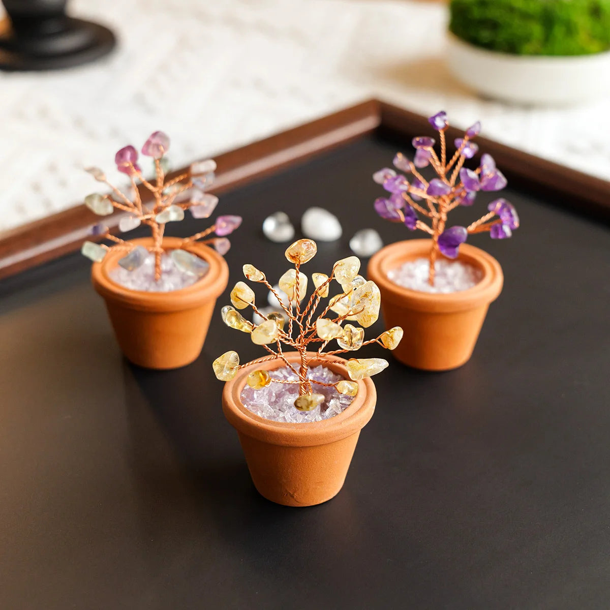 1pc Natural Crystal Mini Tree Clay Pot Amethyst Quartz Healing Gemstones Pot Plant Home Decor