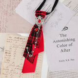 Dark Academia Jabot Plaid Short Necktie Rhinestone Brooch Pearl Chain