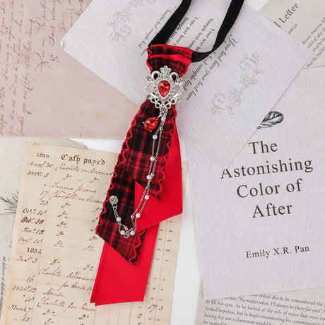 Dark Academia Jabot Plaid Short Necktie Rhinestone Brooch Pearl Chain
