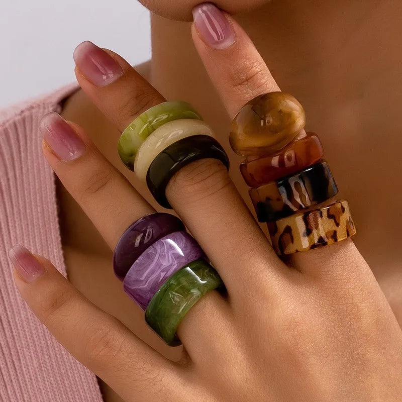 Set of Ten Colourful Acrylic Leopard Print Rings