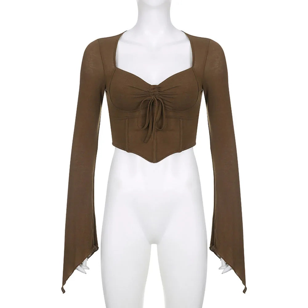 Y2k Chocolate Brown Flare Sleeve Top Matching Grunge Skirt