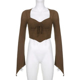 Y2k Chocolate Brown Flare Sleeve Top Matching Grunge Skirt