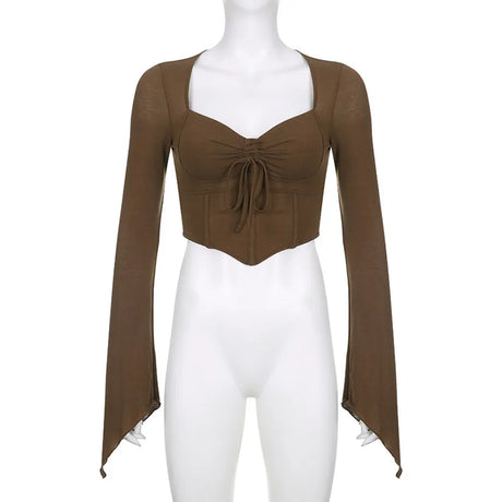 Y2k Chocolate Brown Flare Sleeve Top Matching Grunge Skirt