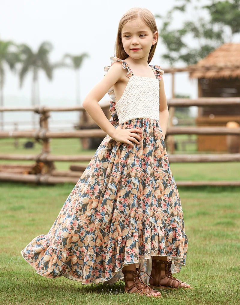 Girls Floral Bow Ruffle Edge Photoshoot Worthy Maxi Dress for 4-12 Years