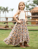 Girls Floral Bow Ruffle Edge Photoshoot Worthy Maxi Dress for 4-12 Years