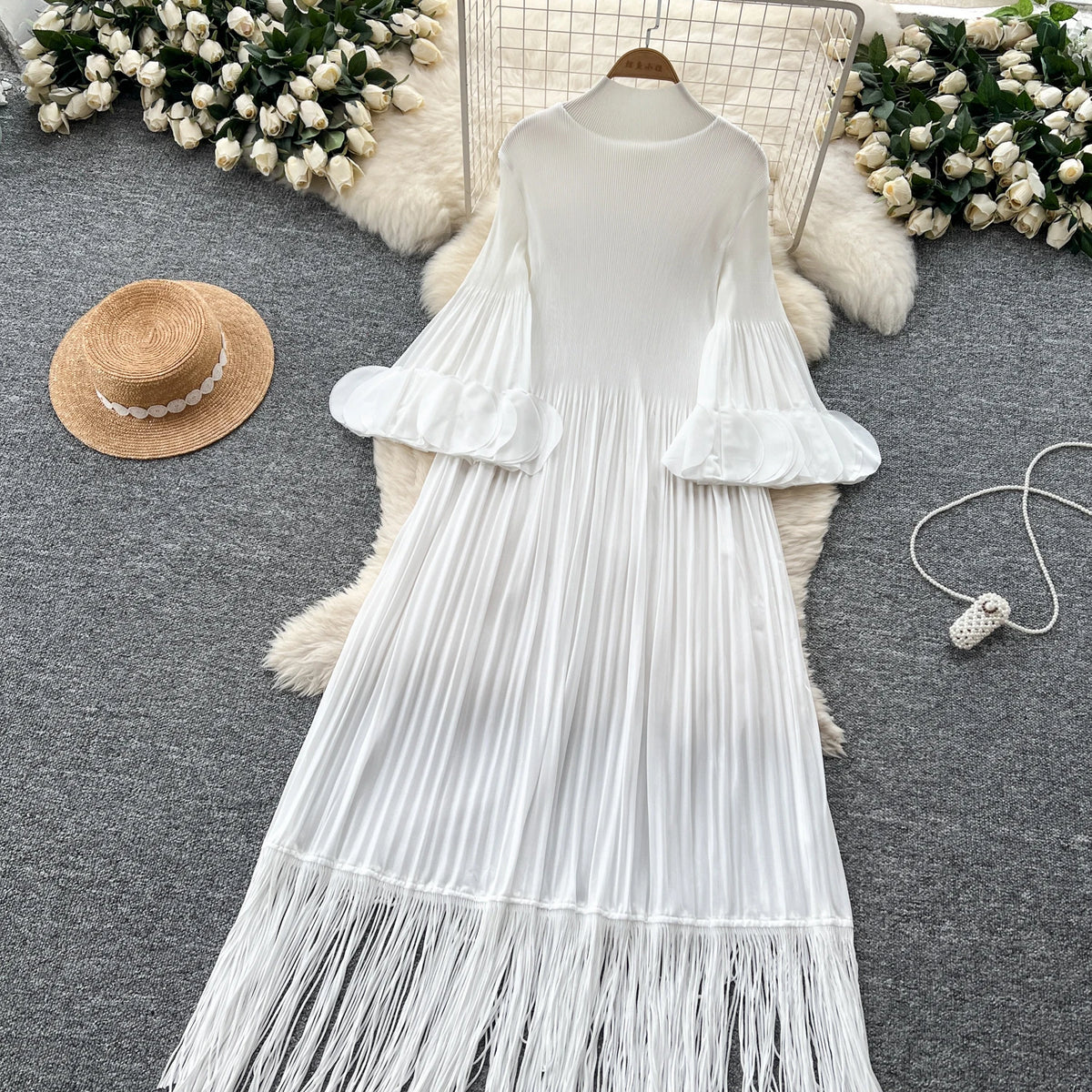 Petal Sleeves Pleated Tassel Dress Eight Colours