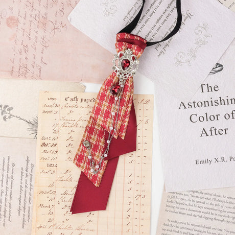 Dark Academia Jabot Plaid Short Necktie Rhinestone Brooch Pearl Chain