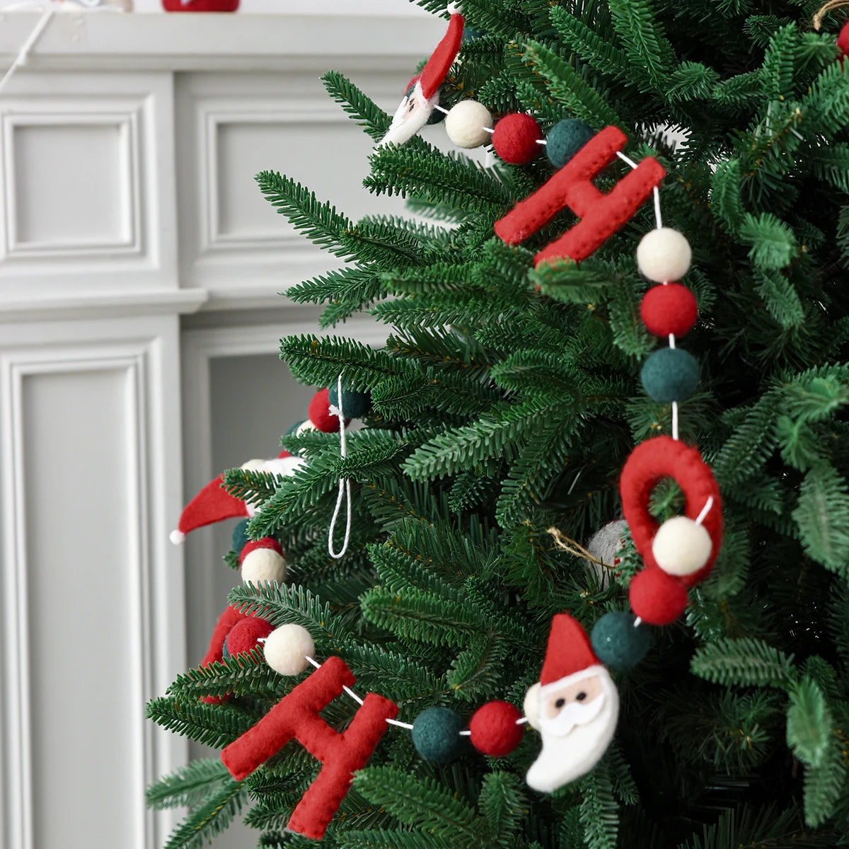 180cm Wool Felt Christmas Garland Handmade Snowman Reindeer Pom Pom Banner for Xmas Tree Wall Mantel Decor