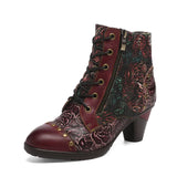 Aggy's Vintage Floral Genuine Leather Patchwork Rivet Handmade Heeled Ankle Boots Shoes