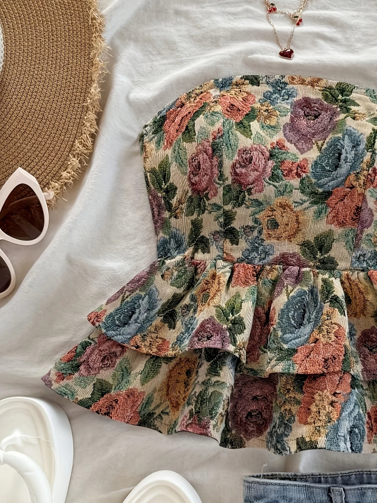 Flower Joy Belted Ruffled Backless Tube Top