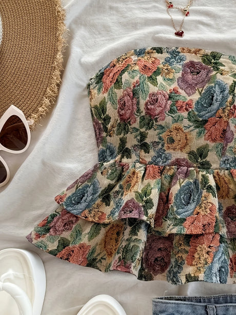 Flower Joy Belted Ruffled Backless Tube Top