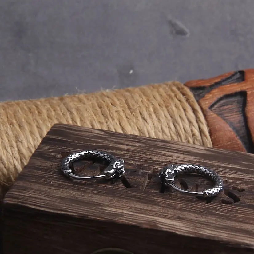 Viking Dragon Head Huggie Stainless Steel Men Hoop Earrings with Wooden Box