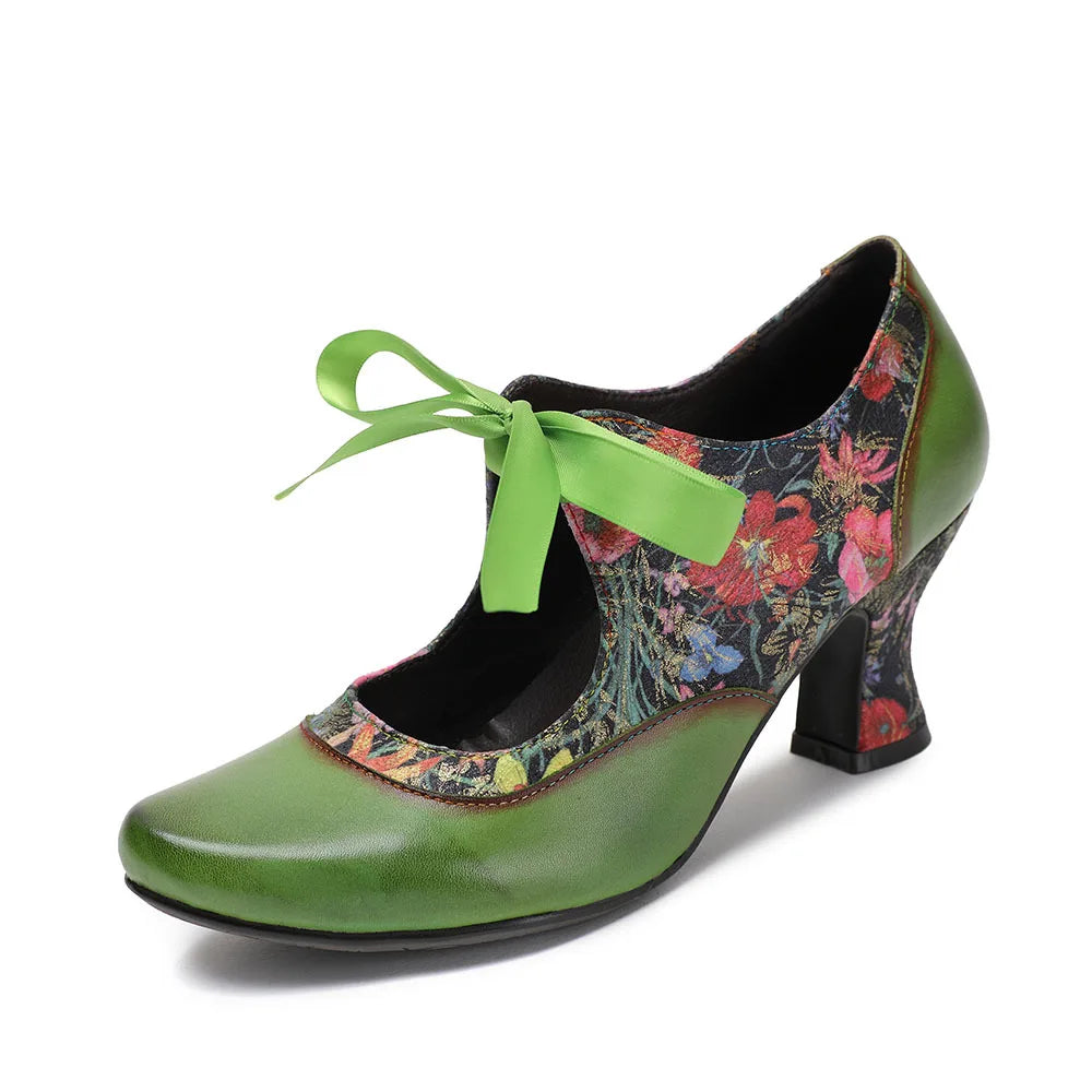Sarah's Genuine Leather Green Pumps Heels Ribbon Lace Tie Shoes