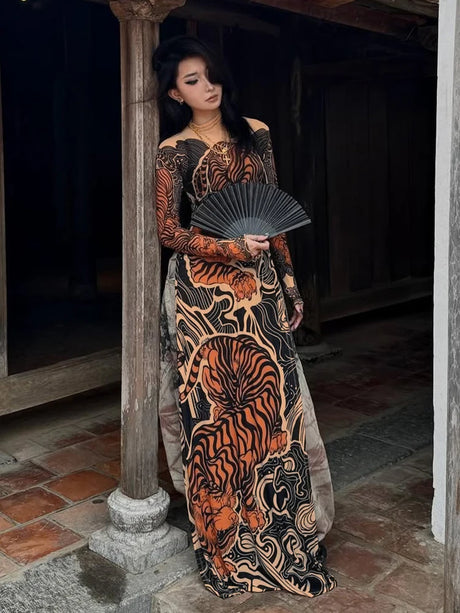Tiger Print Mesh Dress Long Top Waist High Splits High Elasticity