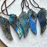 Labradorite Wing Pendant Necklace Adjustable Braided Cord Natural Iridescent Stone