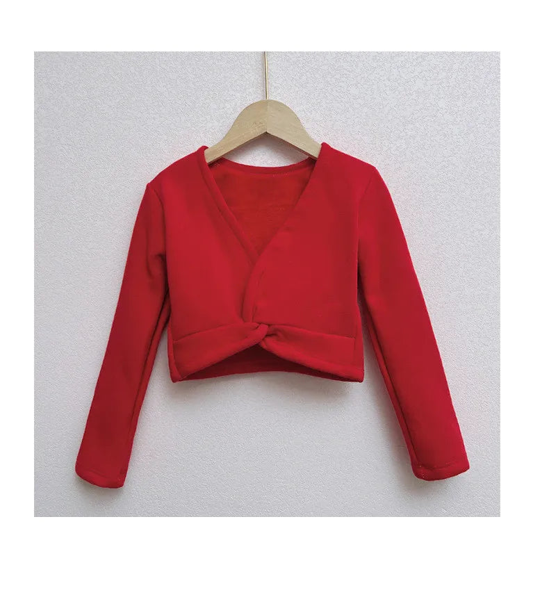 Plush Girls Ballet Wrap Tops Long Sleeve Dance Warm Up Sweater