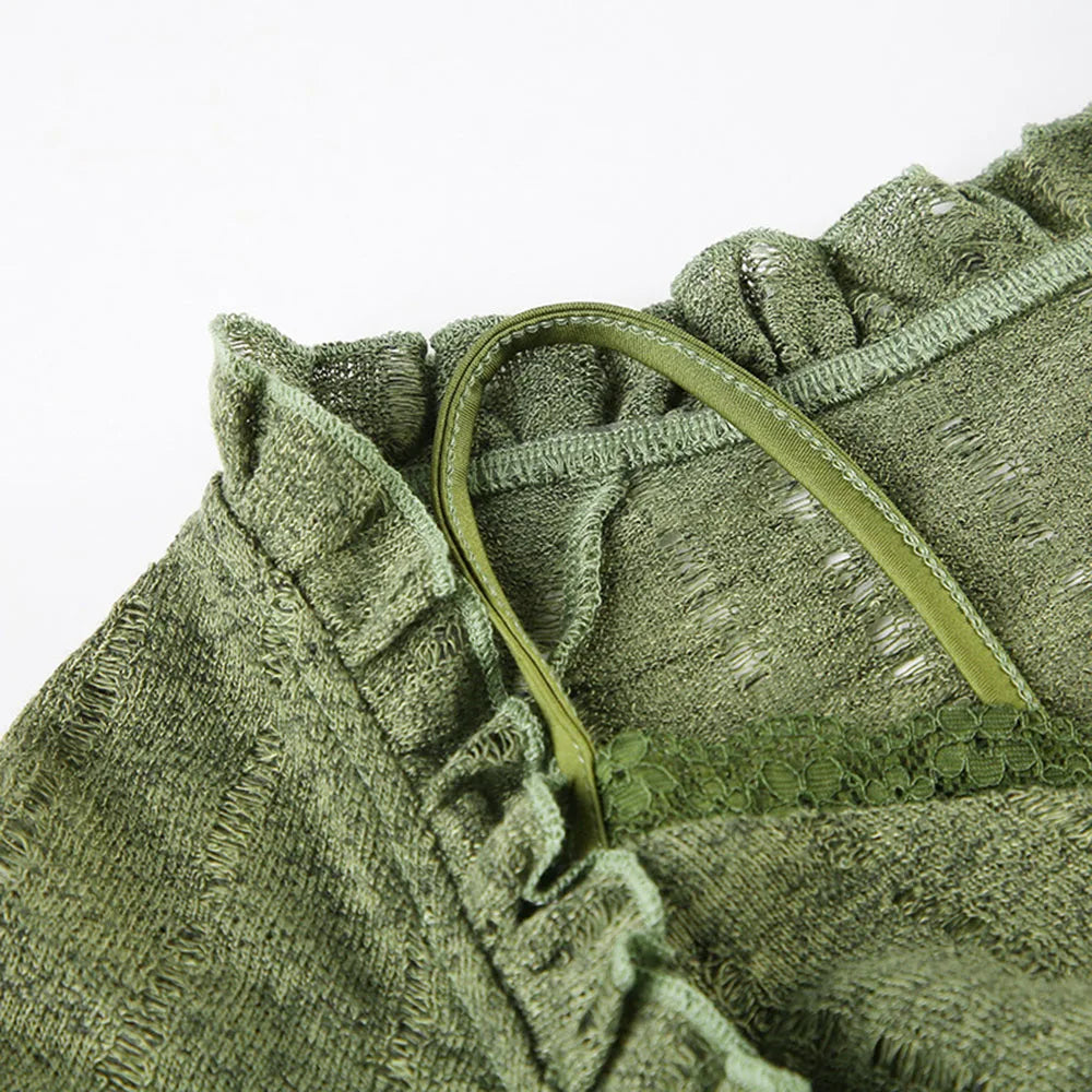 Y2k Dark Green Long Sleeved Ruffle Top Matching Skirt Goblincore