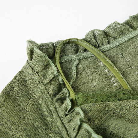 Y2k Dark Green Long Sleeved Ruffle Top Matching Skirt Goblincore