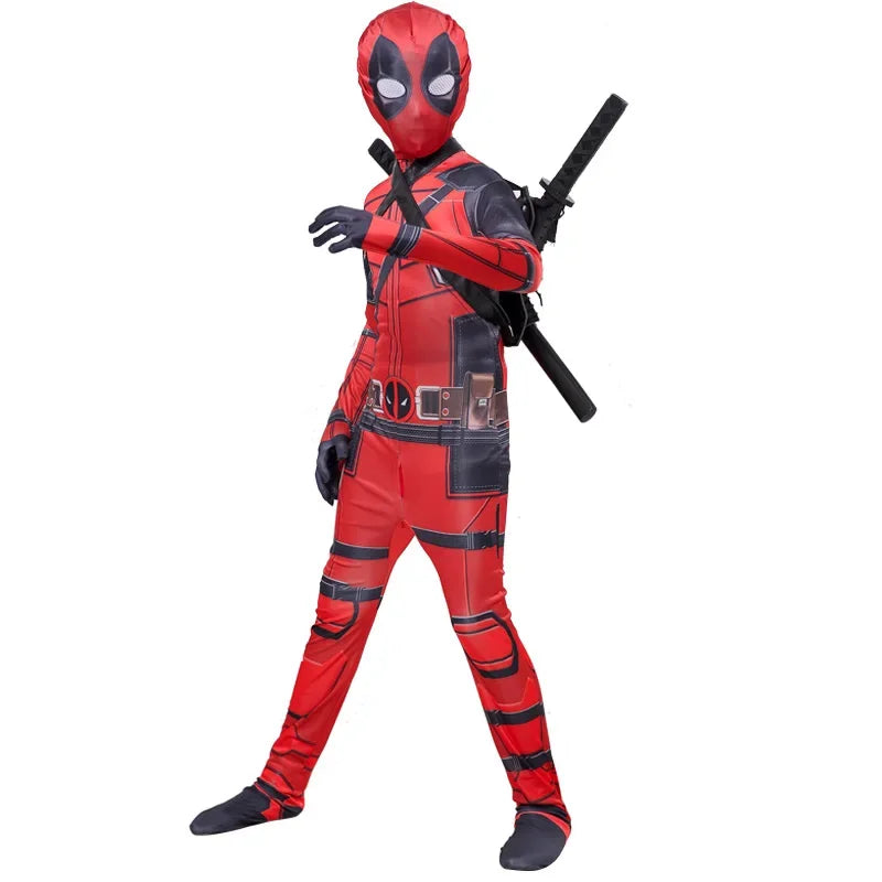 Deadpool Costume Kids Superhero Child Cosplay Halloween Costume Swords Kids Jumpsuit