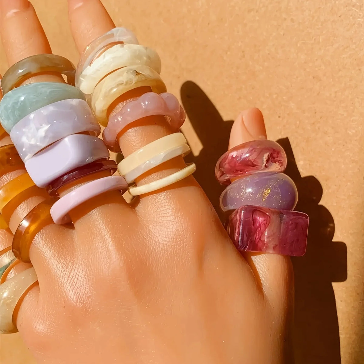 Set of 25 Vintage Bohemian Style Rings Acrylic Resin Gold Foil Ring Set