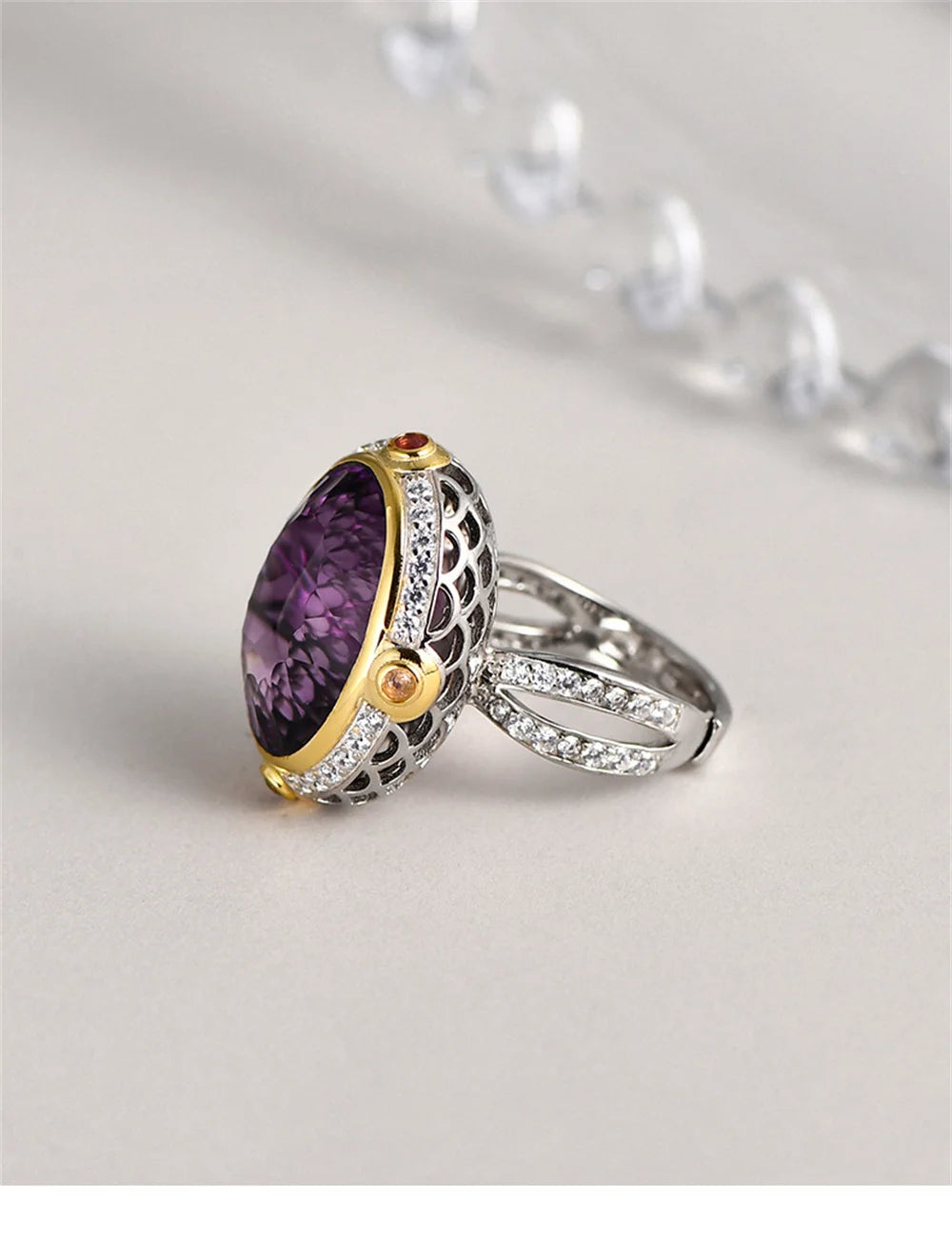 Lady of the Depths S925 Sterling Silver Ring Natural Amethyst Occidental Topaz Zircon