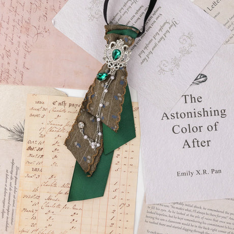 Dark Academia Jabot Plaid Short Necktie Rhinestone Brooch Pearl Chain