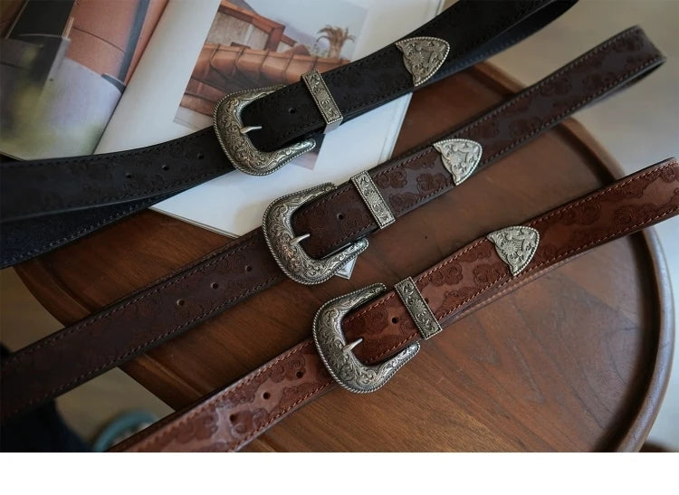 Bobby Ray's Genuine Leather Western Cowboy Court Style Embossed Steel Buckle Belt
