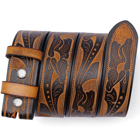 Genuine Leather Vintage Belt No Buckle Embossed Cowhide Strap Western Cowboy Belts