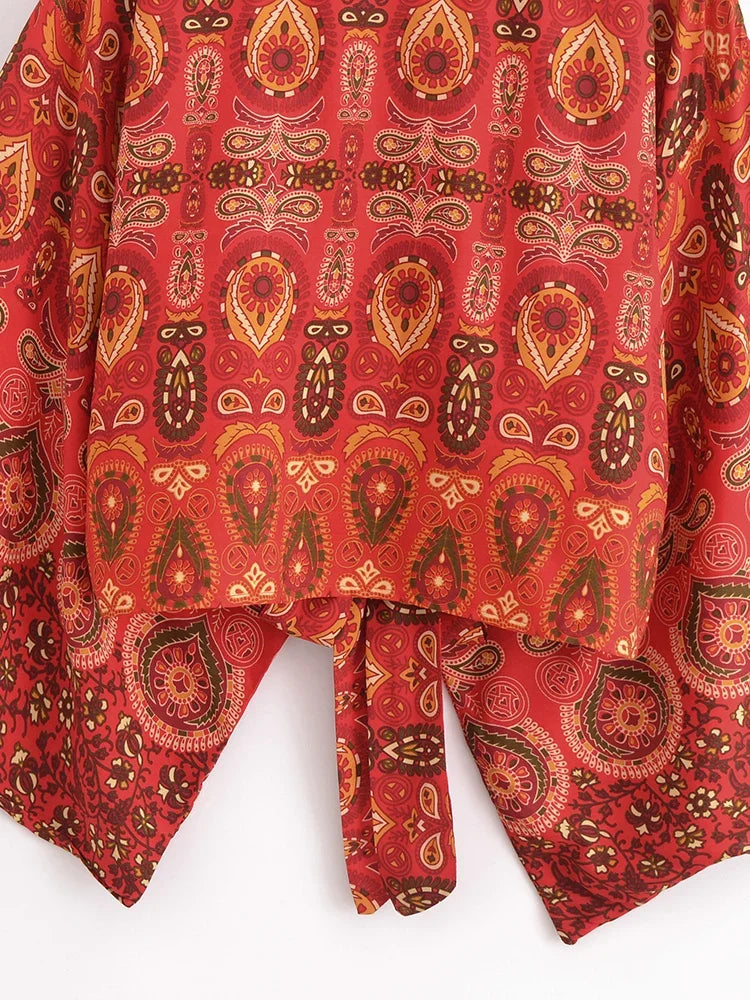 Nuri's Boho Short Kimono Red Floral Wrap Top