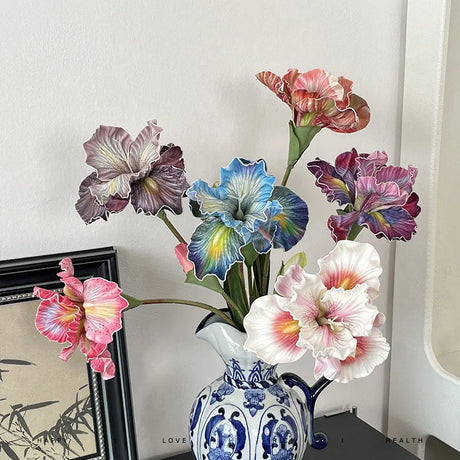 Irises Oil Painting Stylised 45cm Artificial Flower EVA Velvet Feel