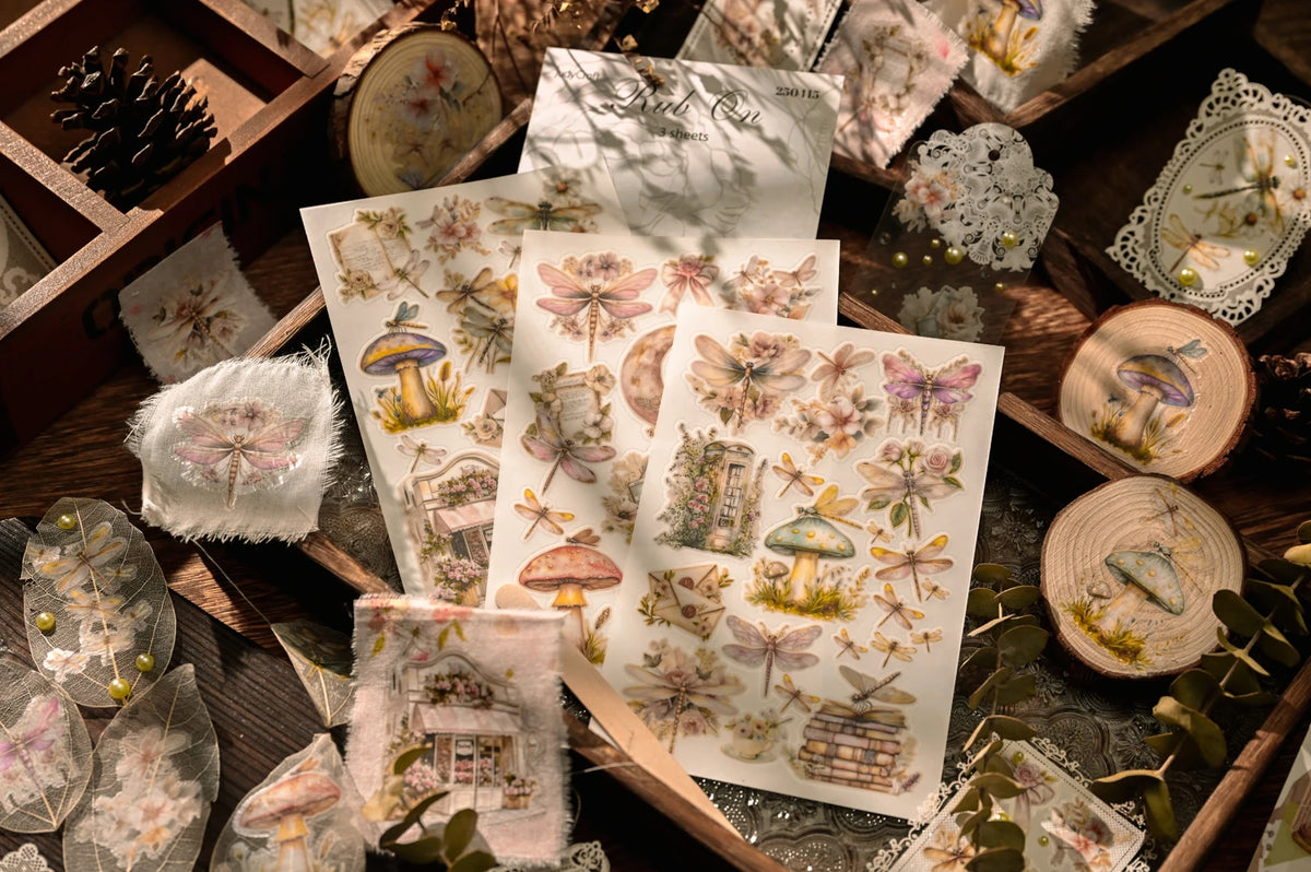 Dragonfly & Mushroom RUB ON Transfer Stickers for Scrapbooking Junk Journal DIY Craft