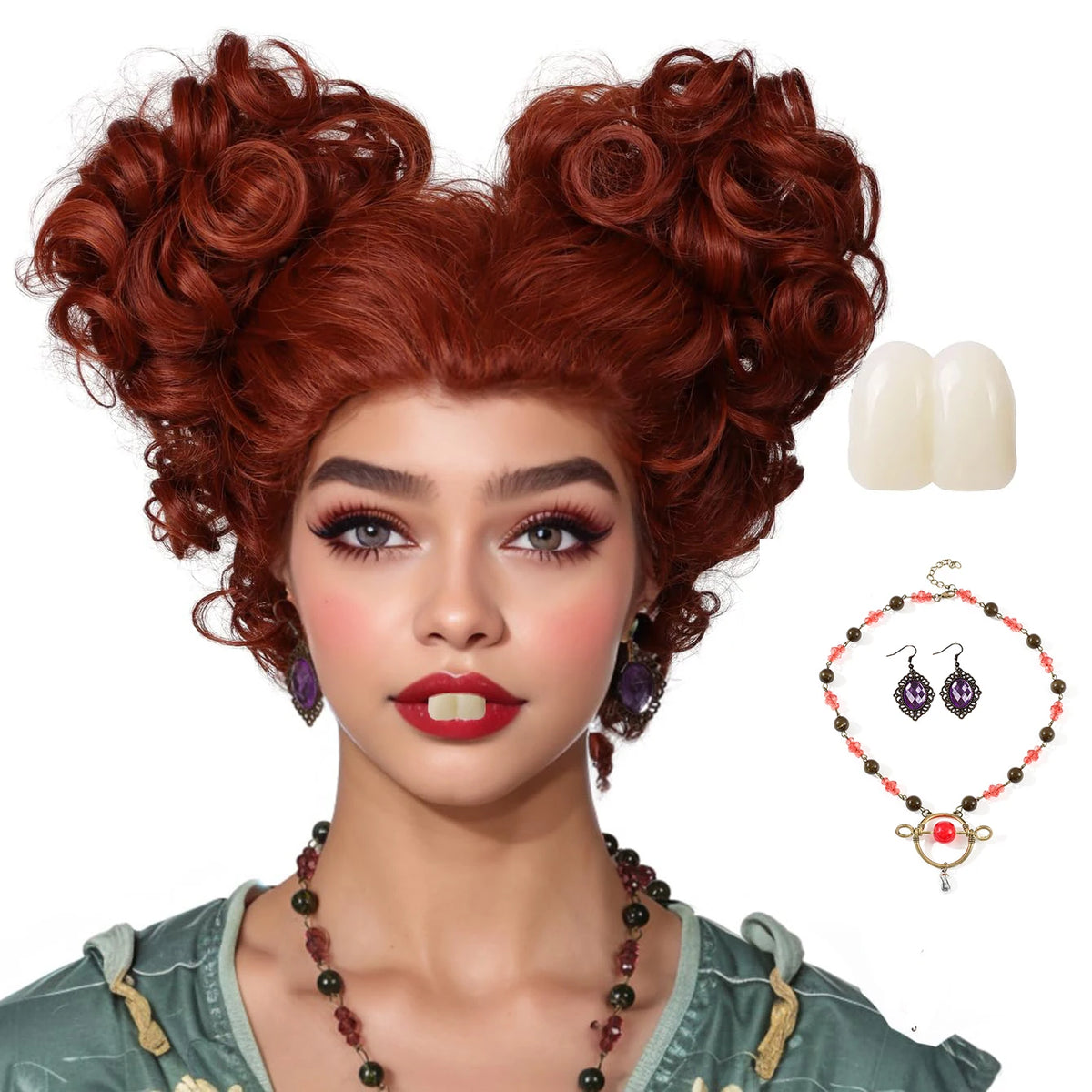 Winifred Sanderson Hocus Pocus Witch Cosplay Wig Earrings Necklace and Tooth Cap Set Cosplay Accessories Halloween