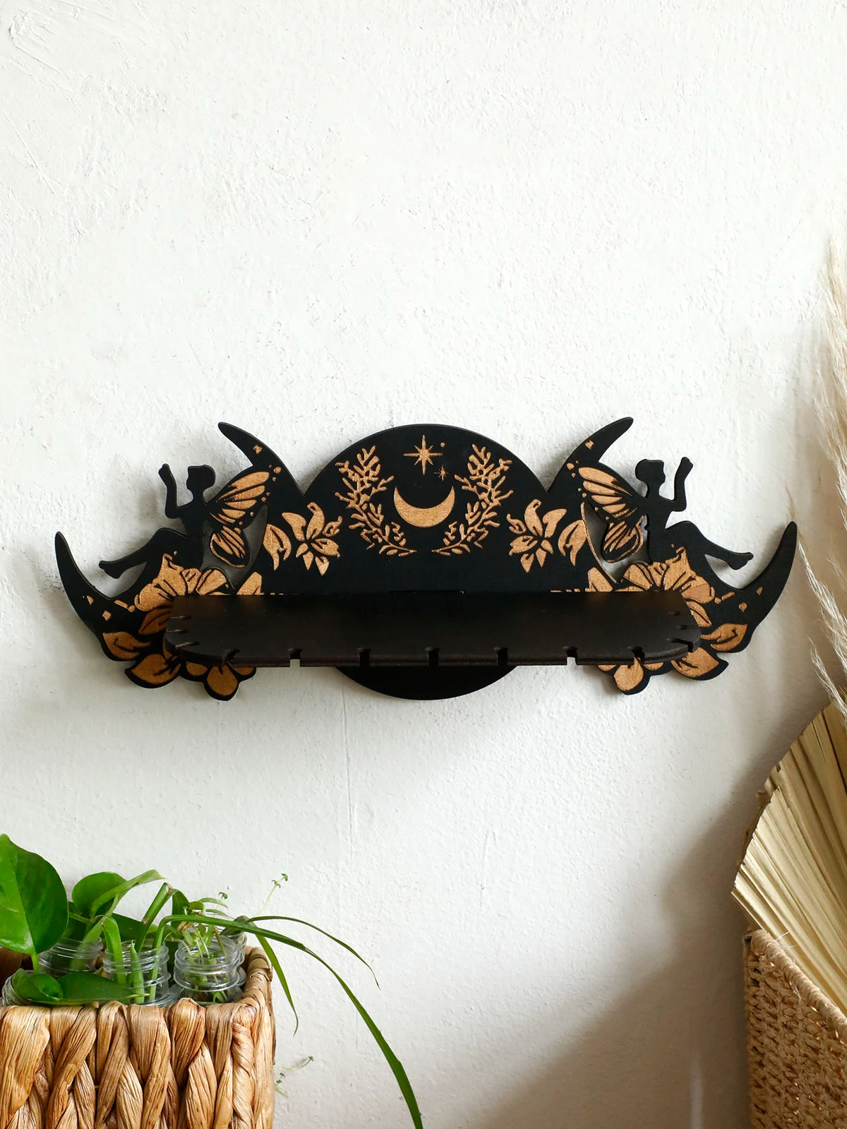 Moon Fairy Flowers Wooden Crystal Floating Shelf Jewellery Display