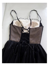Justine's French Black Lace Sling Spliced Ruffles Bandage Backless Dress