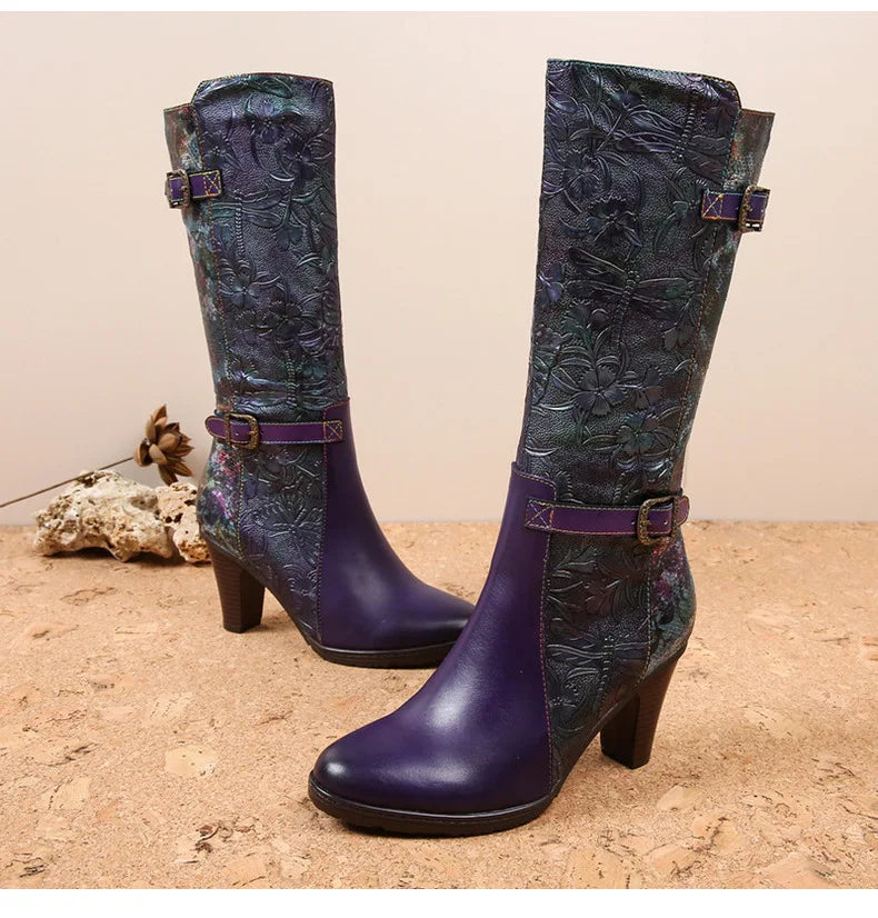 Purple Embossed Dragonfly Genuine Leather Long Boots
