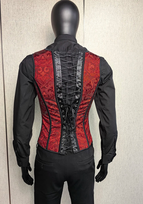 Men's Red Jacquard Boned Waistcoat Corset Vest Lace Up Burlesque Performance Stage Costume