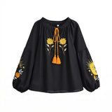 Sweet As Sunshine Vintage Sun and Floral Embroidered Linen Cotton Shirts Boho Tassel Blouse
