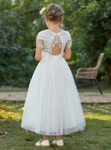 Girl's Beaded Lace Tassel White Tulle Special Occassion Dress