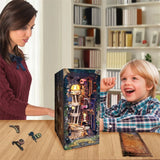 Magic Night Alley DIY Wooden Book Nook Shelf Insert Miniature Building Kits Bookshelf Decor with LED Lights