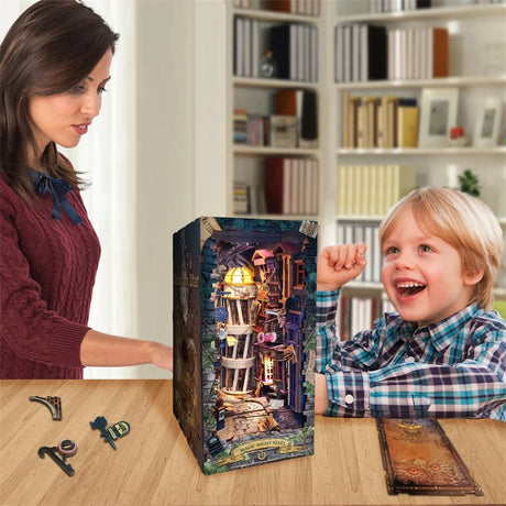 Magic Night Alley DIY Wooden Book Nook Shelf Insert Miniature Building Kits Bookshelf Decor with LED Lights