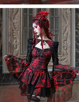 Red Gothic Embossed Jacquard Lace Top & Skirt