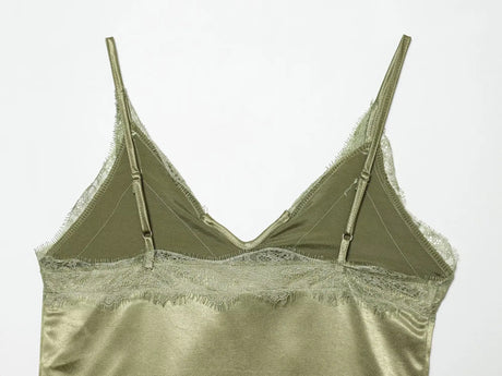 Y2k Asymmetrical Spliced Lace Satin Slip Long Camisole Top Layering Dress Side Slit Hem