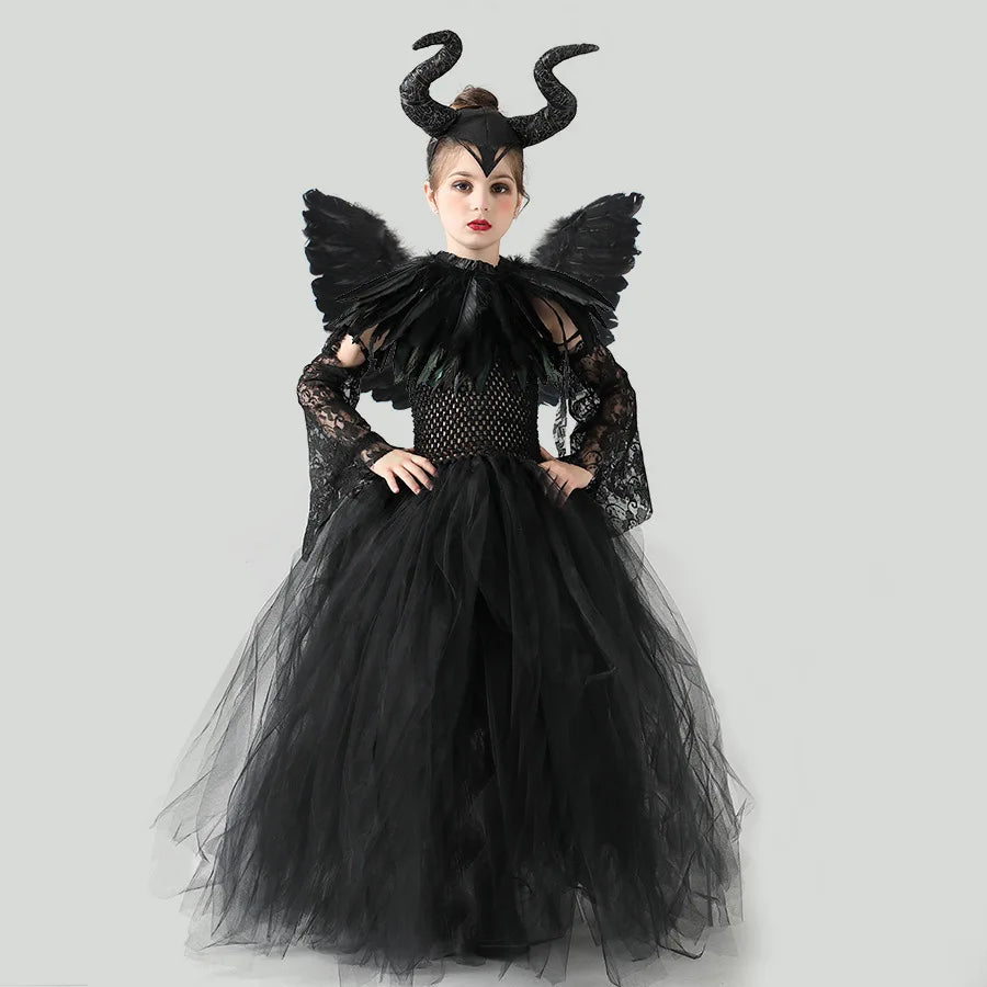 Girls Maleficent Black Tutu Halloween Costume with Feather Shawl