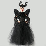 Girls Maleficent Black Tutu Halloween Costume with Feather Shawl