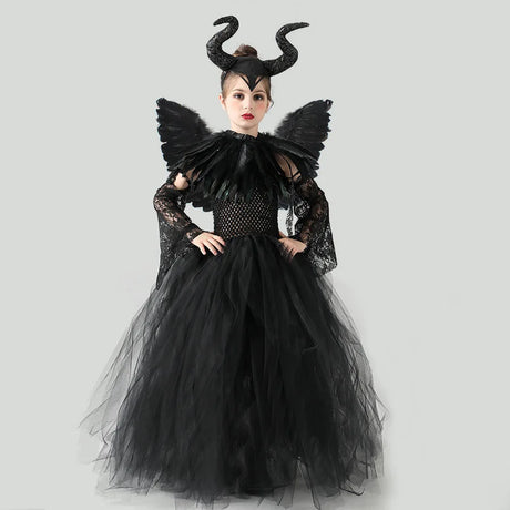 Girls Maleficent Black Tutu Halloween Costume with Feather Shawl