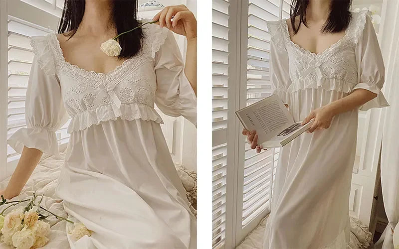 Summer Cotton Women's Sleepwear Antique French Style Lace Nightgown Nightdress