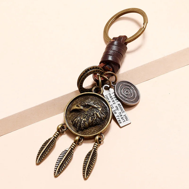 Eagle Feathers Keychain Braided Leather Keyring